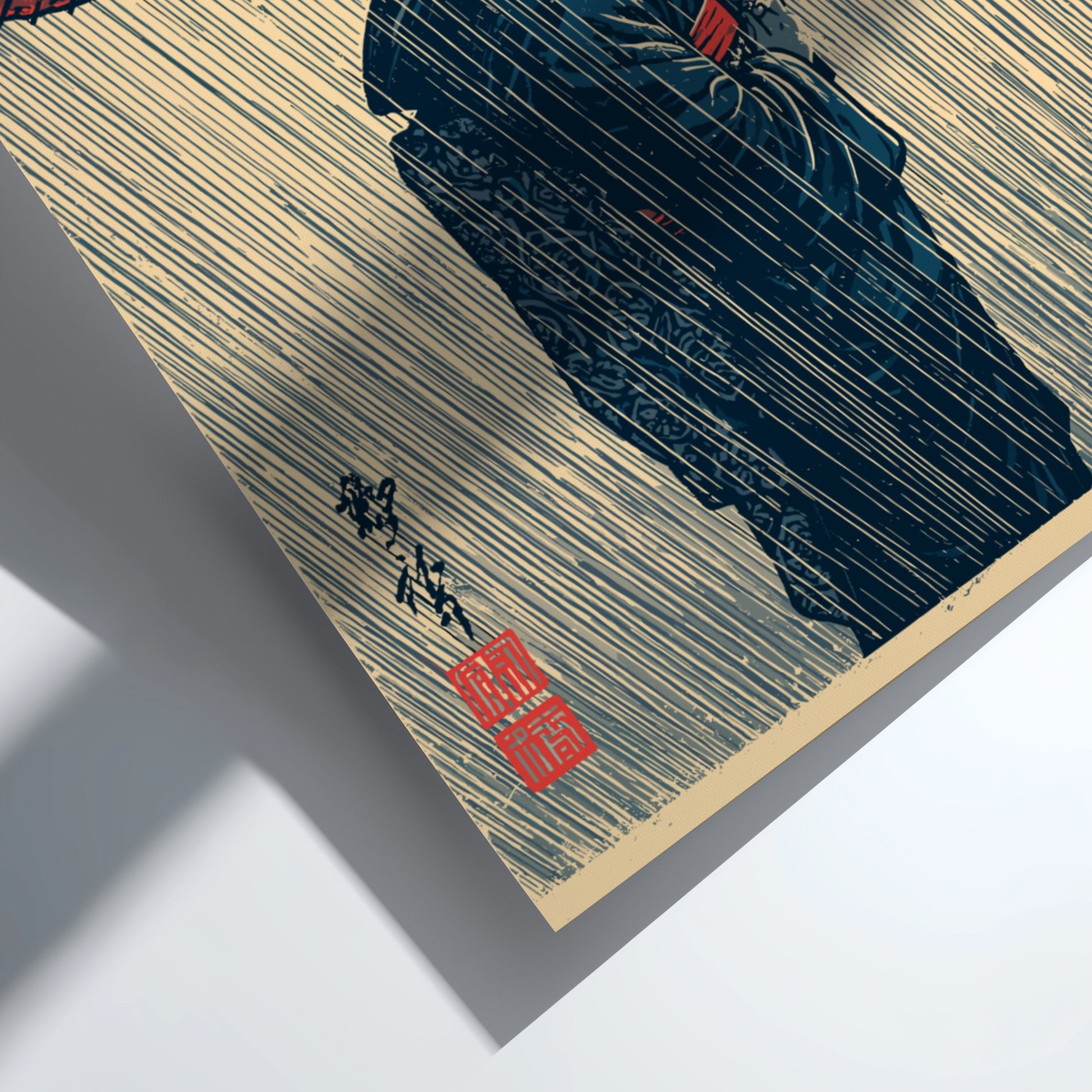 Japanese art style poster of a geisha holding a red umbrella in the rain, featuring muted colors and elegant