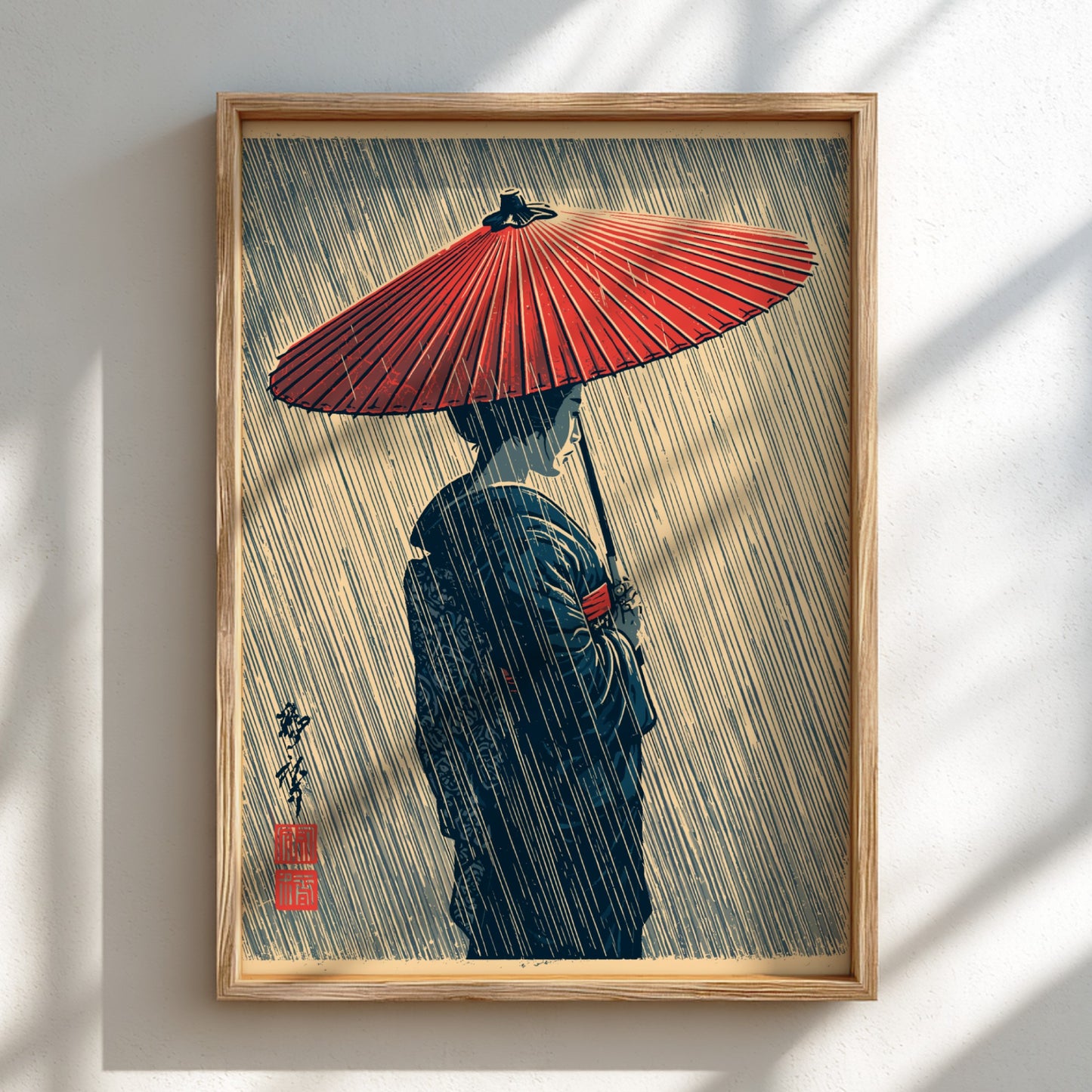Japanese art style poster of a geisha holding a red umbrella in the rain, featuring muted colors and elegant
