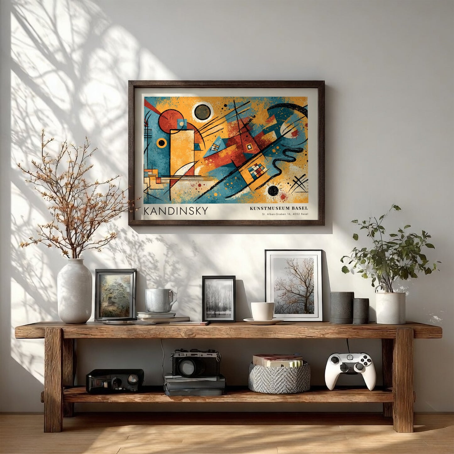 Wall art poster featuring Kandinsky Gelb Rot Blau abstract shapes in primary colours.