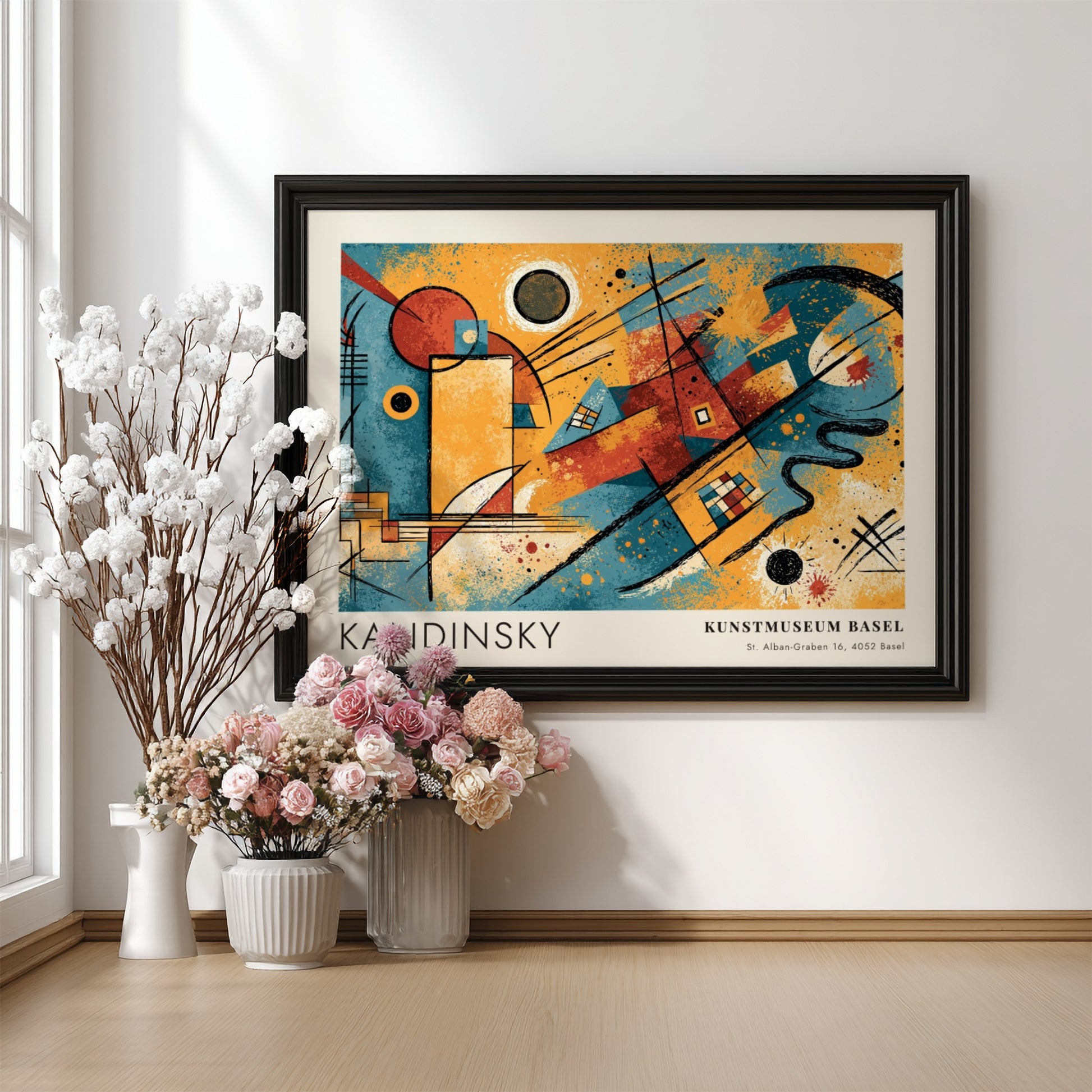 Wall art poster featuring Kandinsky Gelb Rot Blau abstract shapes in primary colours.