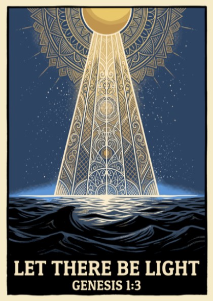 Poster featuring golden light rays descending from a mandala into dark blue waves.