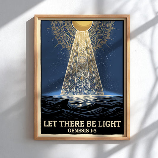 Poster featuring golden light rays descending from a mandala into dark blue waves.