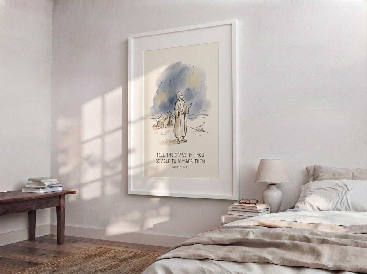 Poster showing Abraham gazing at night stars above a desert tent with verse text