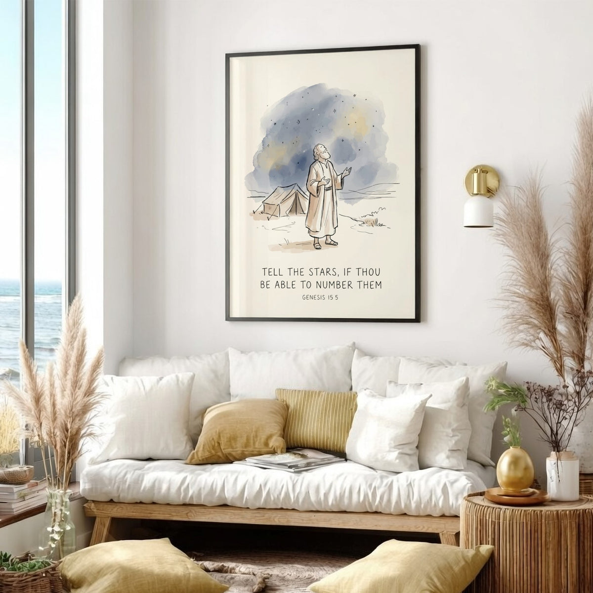 Poster showing Abraham gazing at night stars above a desert tent with verse text