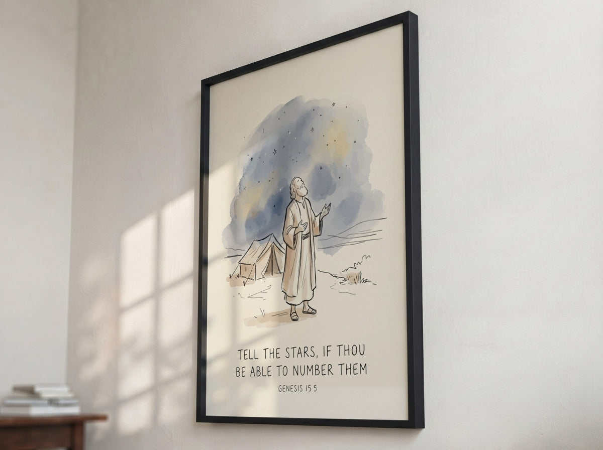 Poster showing Abraham gazing at night stars above a desert tent with verse text