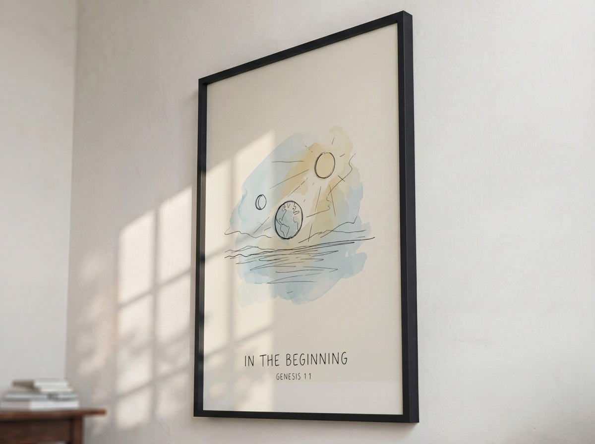 Poster featuring a soft watercolour sketch of the earth sun and moon with text
