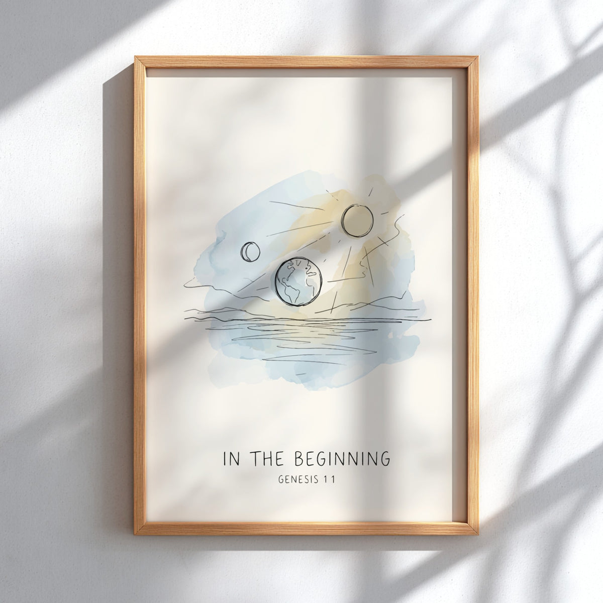 Poster featuring a soft watercolour sketch of the earth sun and moon with text