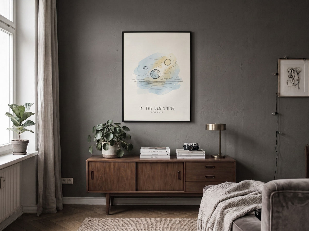 Poster featuring a soft watercolour sketch of the earth sun and moon with text