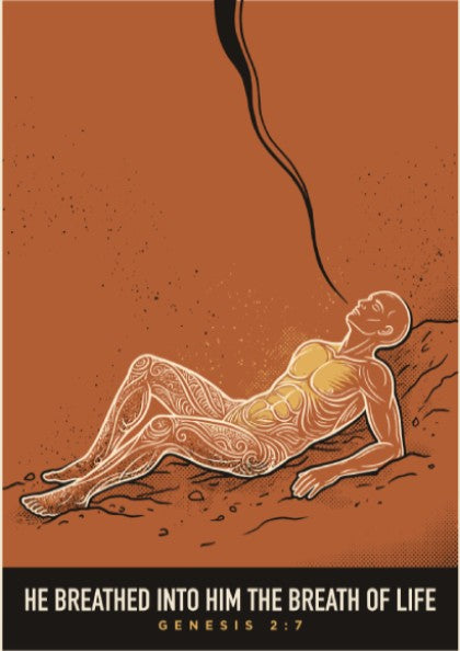 Poster featuring an ornate figure lying on clay soil with a rising breath line.