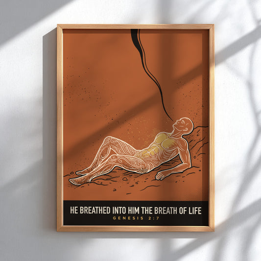 Poster featuring an ornate figure lying on clay soil with a rising breath line.