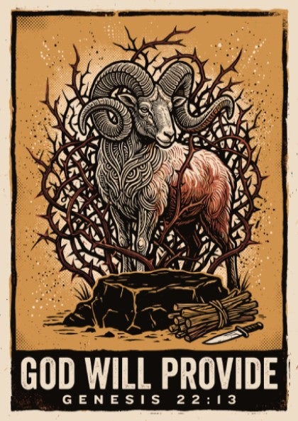 Poster featuring a ram in a thicket with God Will Provide Genesis 22:13 text.