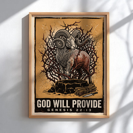 Poster featuring a ram in a thicket with God Will Provide Genesis 22:13 text.