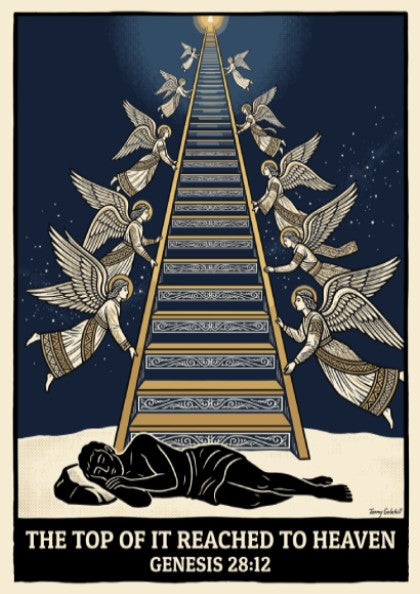 Poster featuring Jacob sleeping below a ladder with angels ascending in navy and cream
