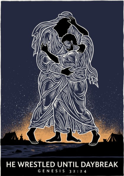 Poster featuring a dark navy illustration of two figures wrestling under a sunrise.