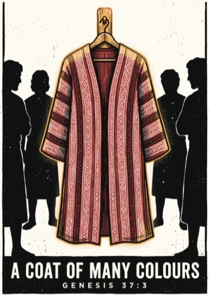 Poster displaying a red patterned coat on a hanger with silhouetted figures nearby.