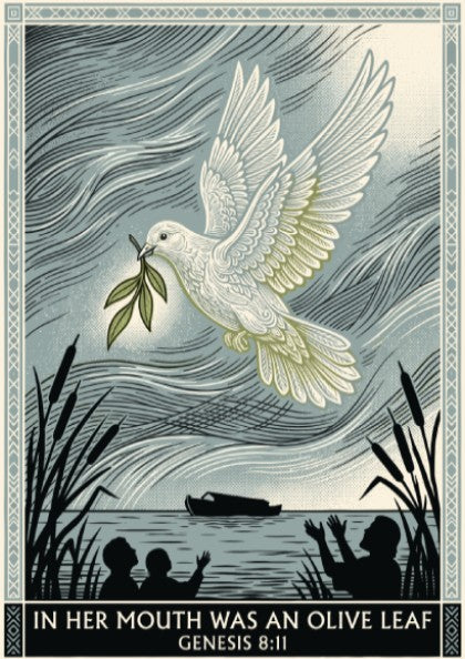 Poster featuring a dove with an olive leaf flying over figures near water