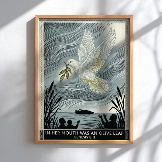 Poster featuring a dove with an olive leaf flying over figures near water
