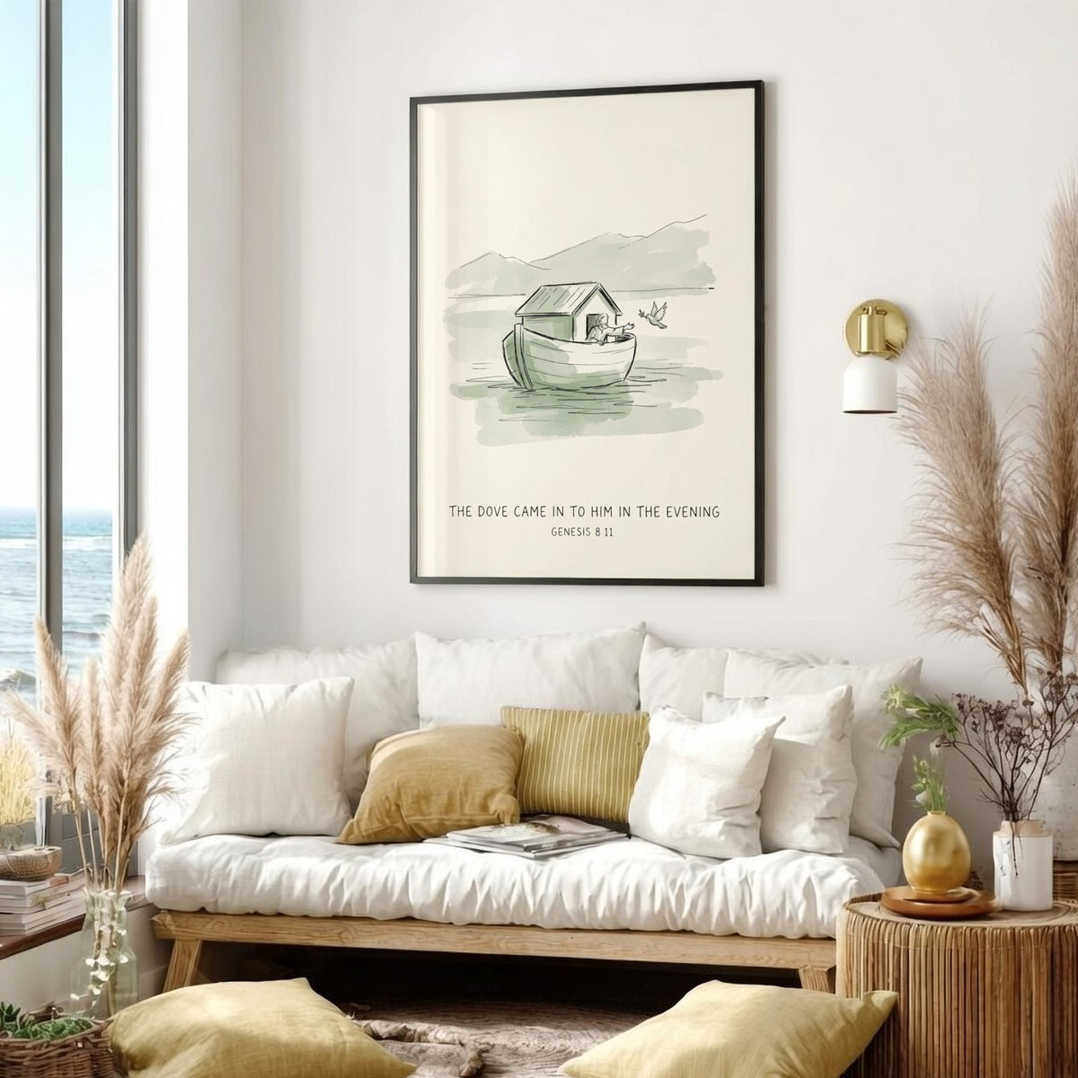 Poster featuring a watercolour illustration of a dove returning to Noahs Ark at sunset.