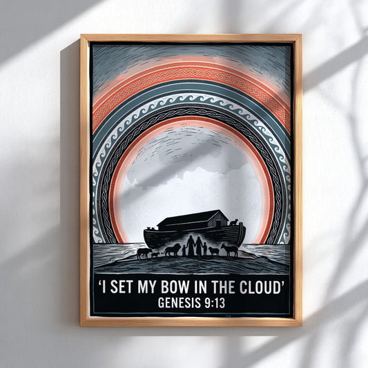 Poster featuring Noahs ark silhouette with a rainbow arch and biblical text quote included