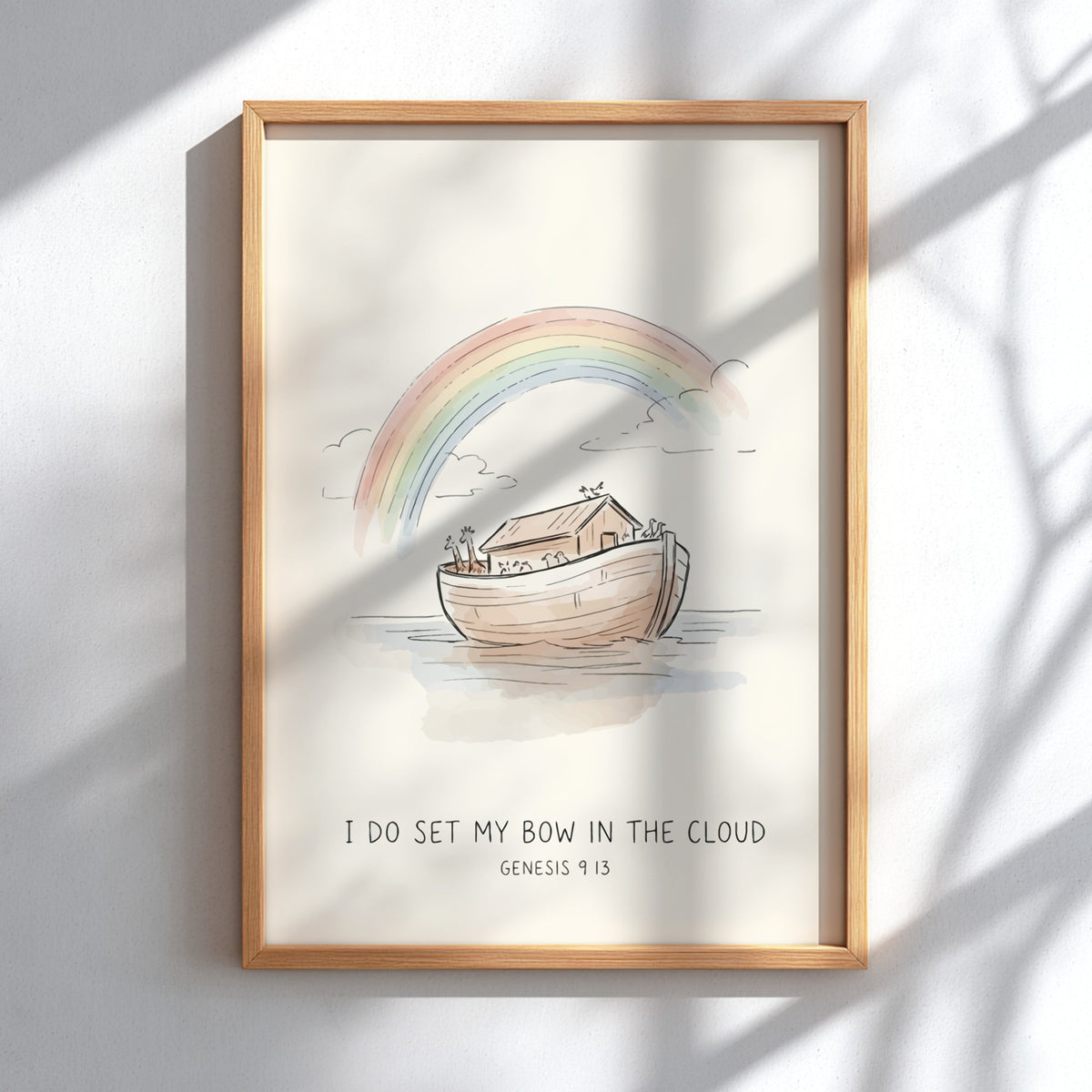 Poster featuring Noahs ark on water with a rainbow and I Do Set My Bow text