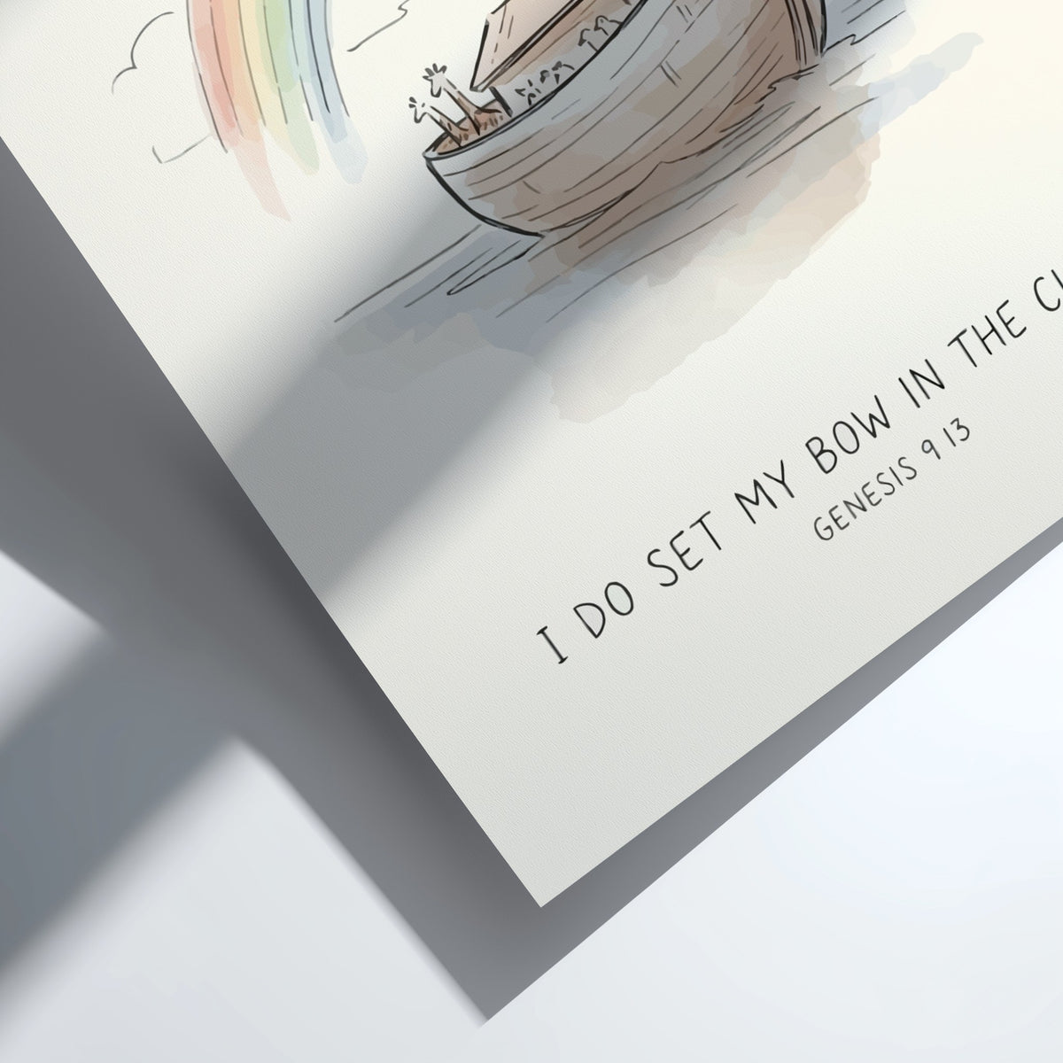 Poster featuring Noahs ark on water with a rainbow and I Do Set My Bow text