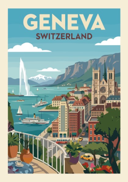 Vintage Geneva Switzerland travel poster featuring the Jet d'Eau and cityscape in a retro style.