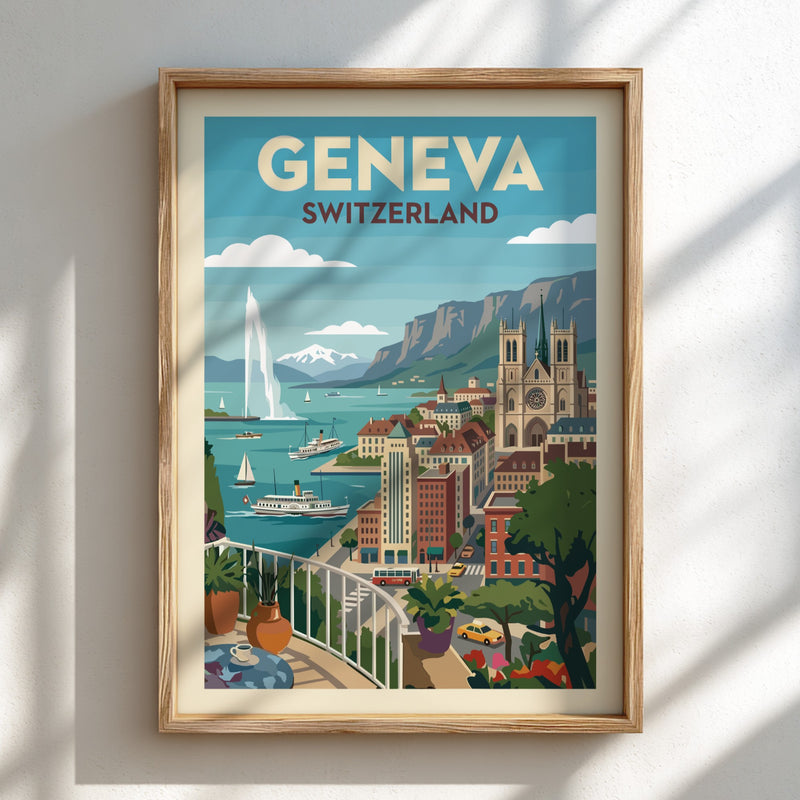 Vintage Geneva Switzerland travel poster featuring the Jet d'Eau and cityscape in a retro style.