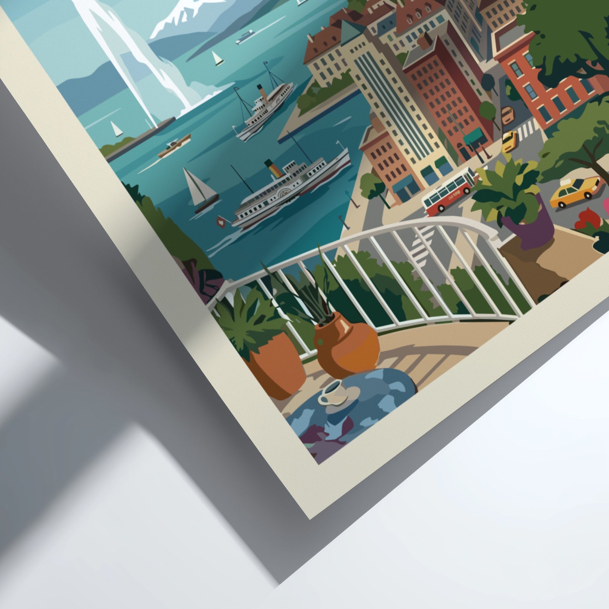 Vintage Geneva Switzerland travel poster featuring the Jet d'Eau and cityscape in a retro style.