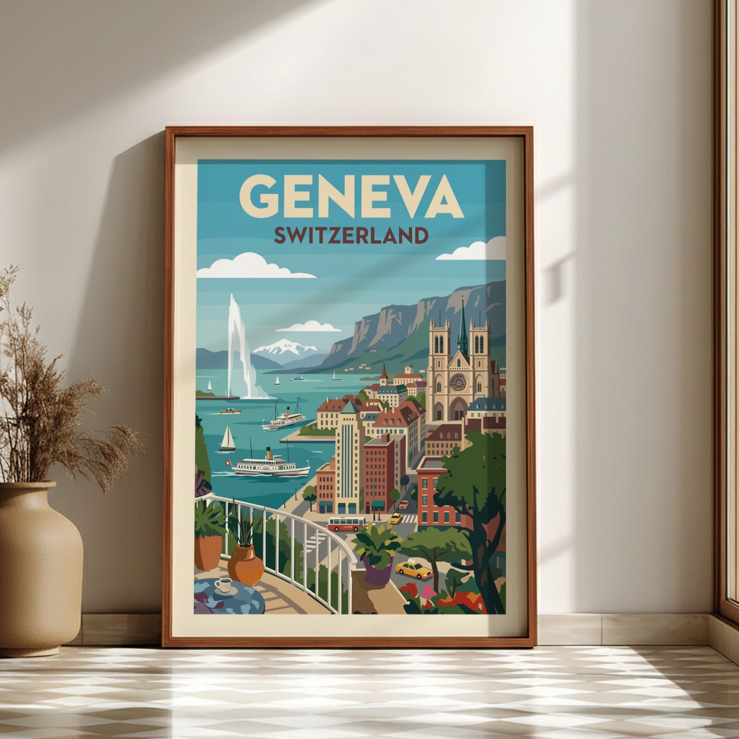 Vintage Geneva Switzerland travel poster featuring the Jet d'Eau and cityscape in a retro style.
