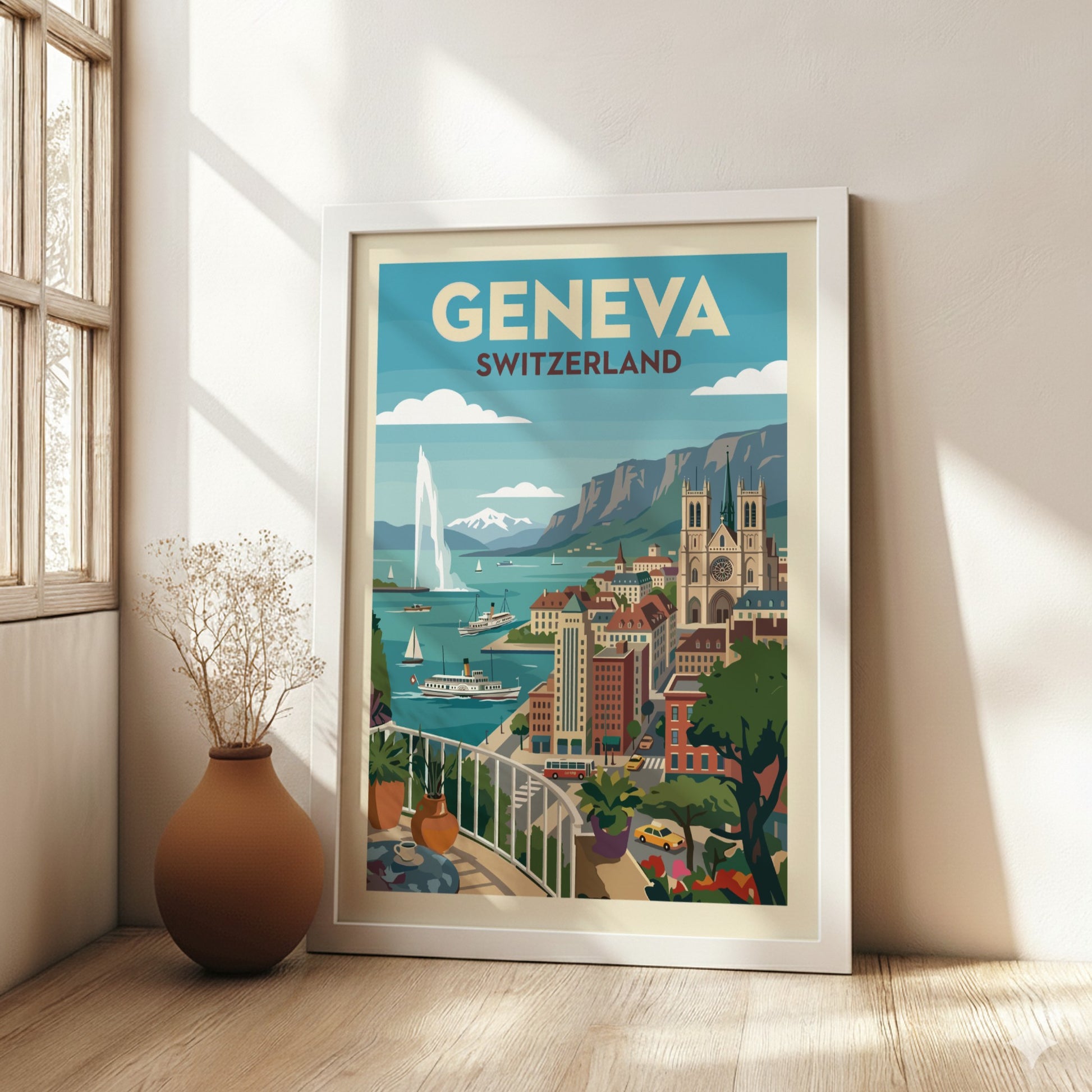Vintage Geneva Switzerland travel poster featuring the Jet d'Eau and cityscape in a retro style.