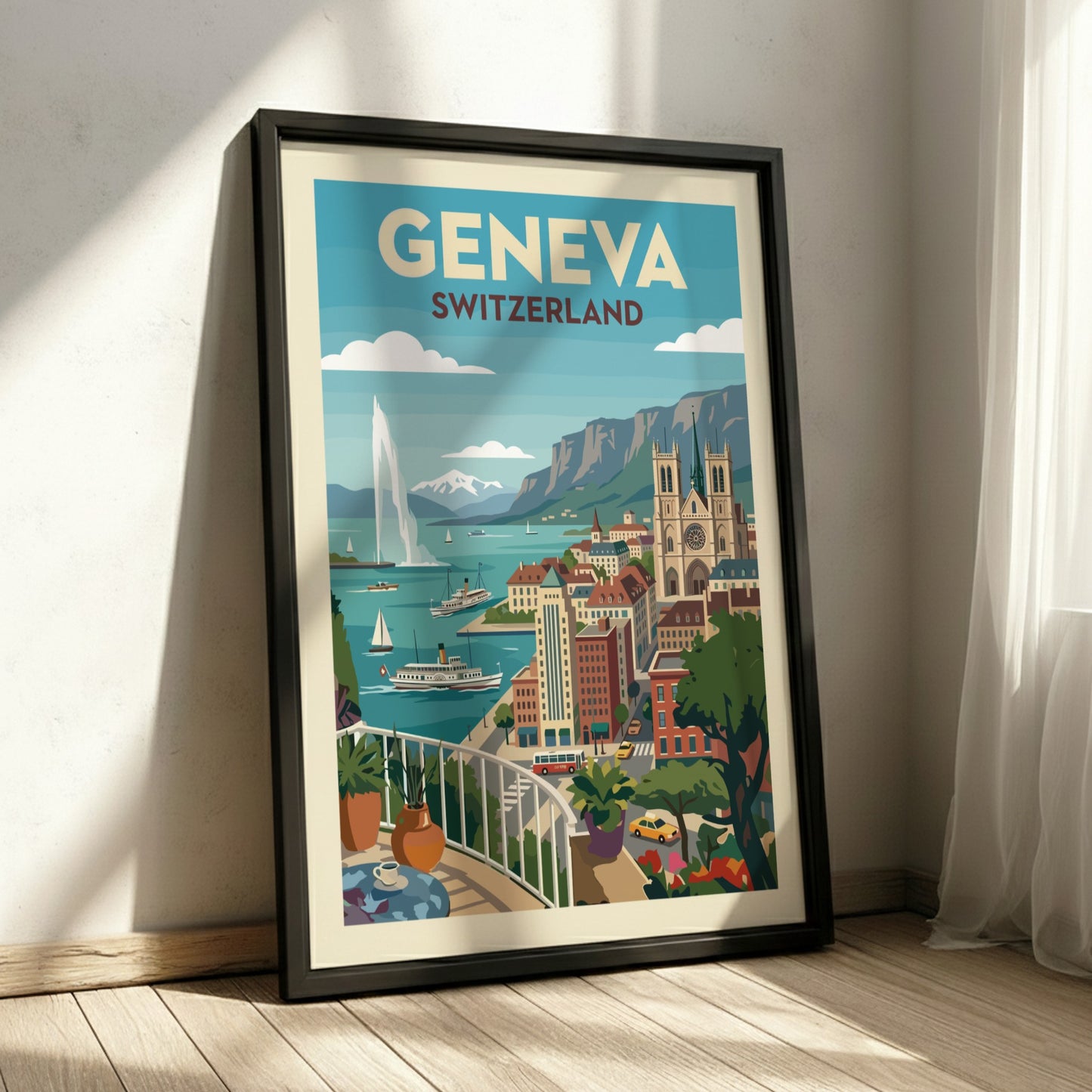 Vintage Geneva Switzerland travel poster featuring the Jet d'Eau and cityscape in a retro style.