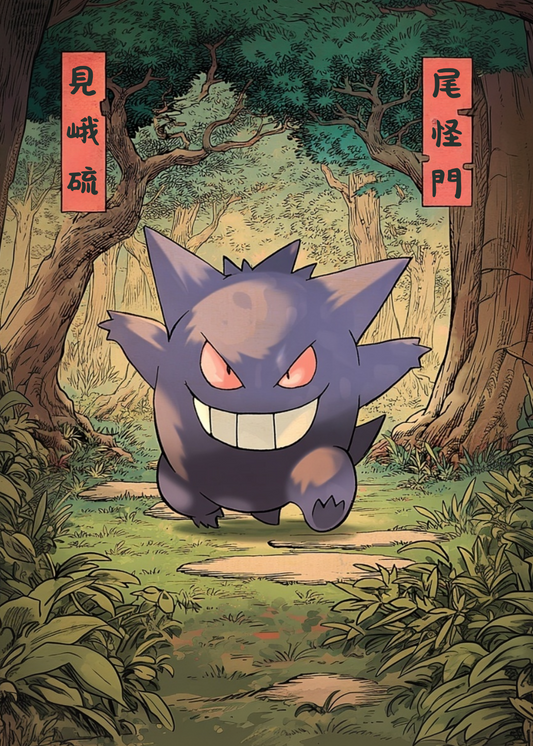 Gengar Pokémon character in a forest with red banners and Japanese text
