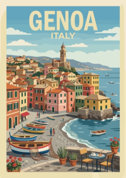 Poster of Genoa Italy showing colourful buildings, fishing boats, and a calm sea.