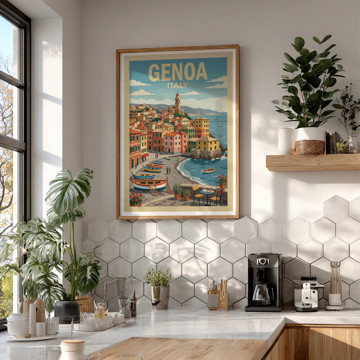 Poster of Genoa Italy showing colourful buildings, fishing boats, and a calm sea.