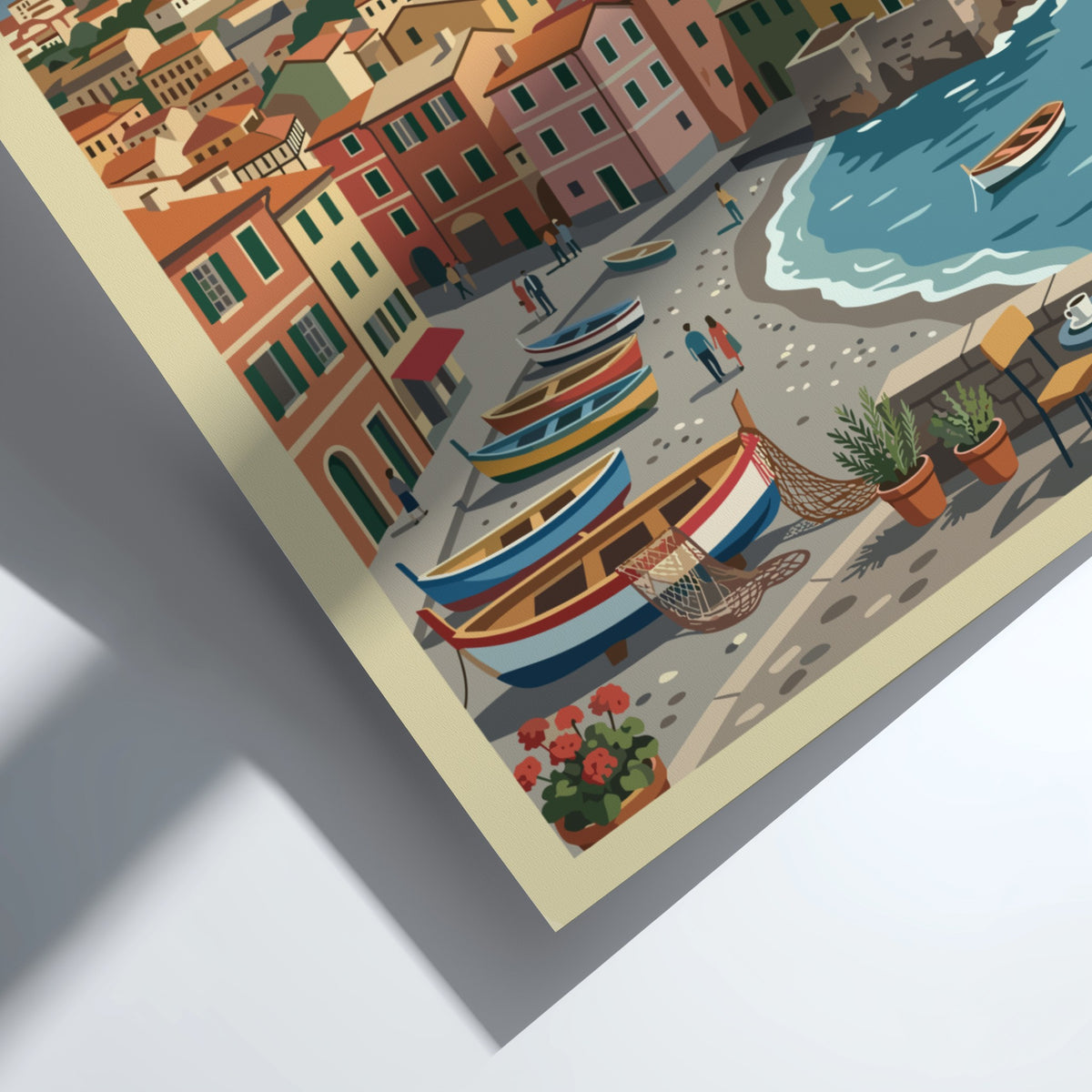 Poster of Genoa Italy showing colourful buildings, fishing boats, and a calm sea.