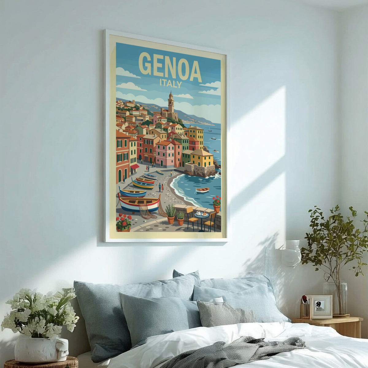 Poster of Genoa Italy showing colourful buildings, fishing boats, and a calm sea.