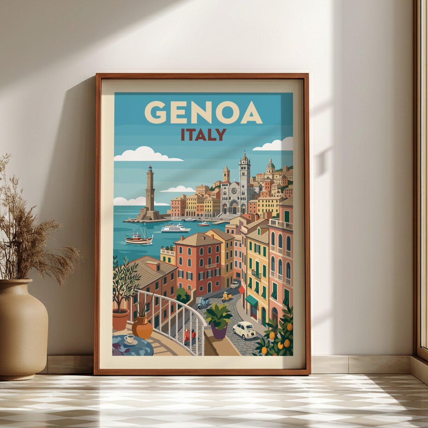 Genoa Italy travel poster featuring colorful buildings, harbor, and lighthouse in a vintage illustration