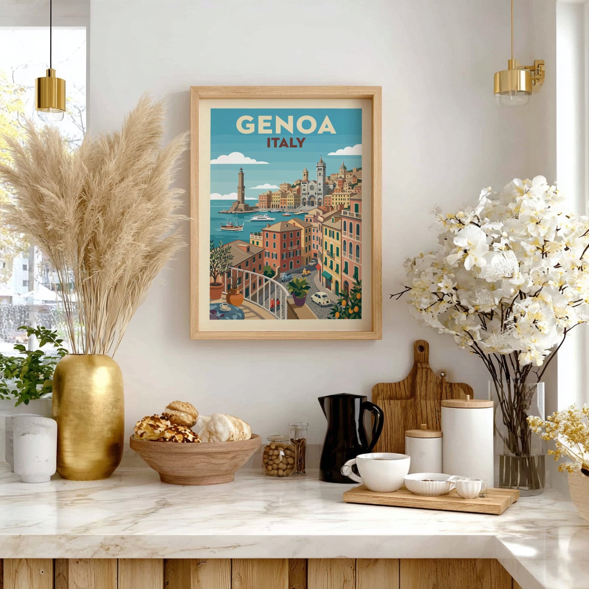 Genoa Italy travel poster featuring colorful buildings, harbor, and lighthouse in a vintage illustration