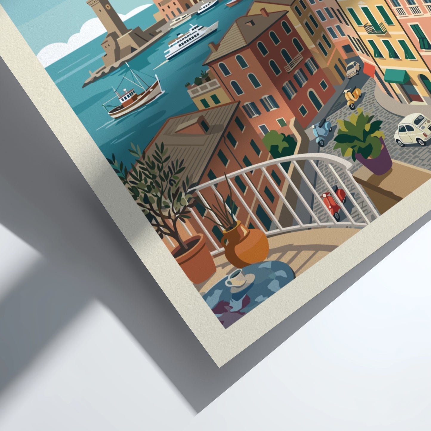 Genoa Italy travel poster featuring colorful buildings, harbor, and lighthouse in a vintage illustration