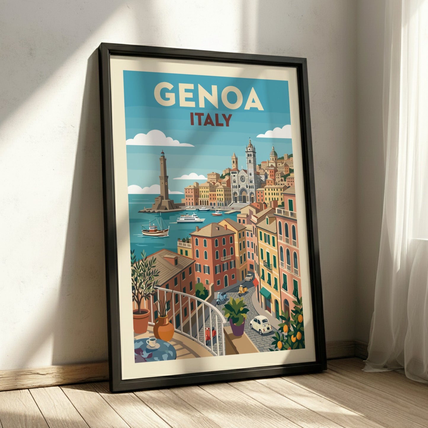 Genoa Italy travel poster featuring colorful buildings, harbor, and lighthouse in a vintage illustration