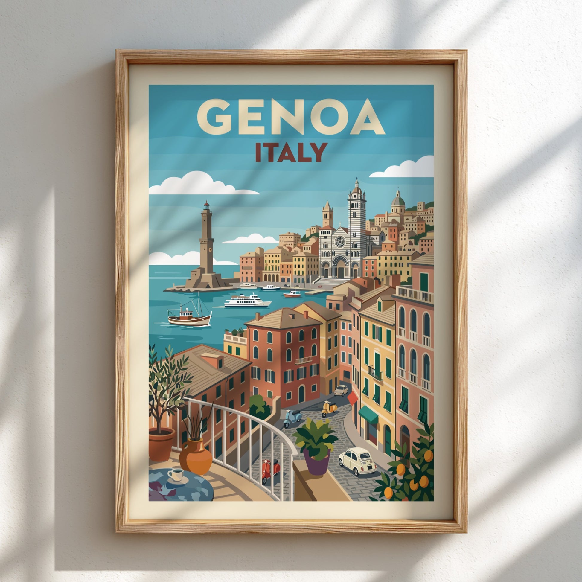 Genoa Italy travel poster featuring colorful buildings, harbor, and lighthouse in a vintage illustration