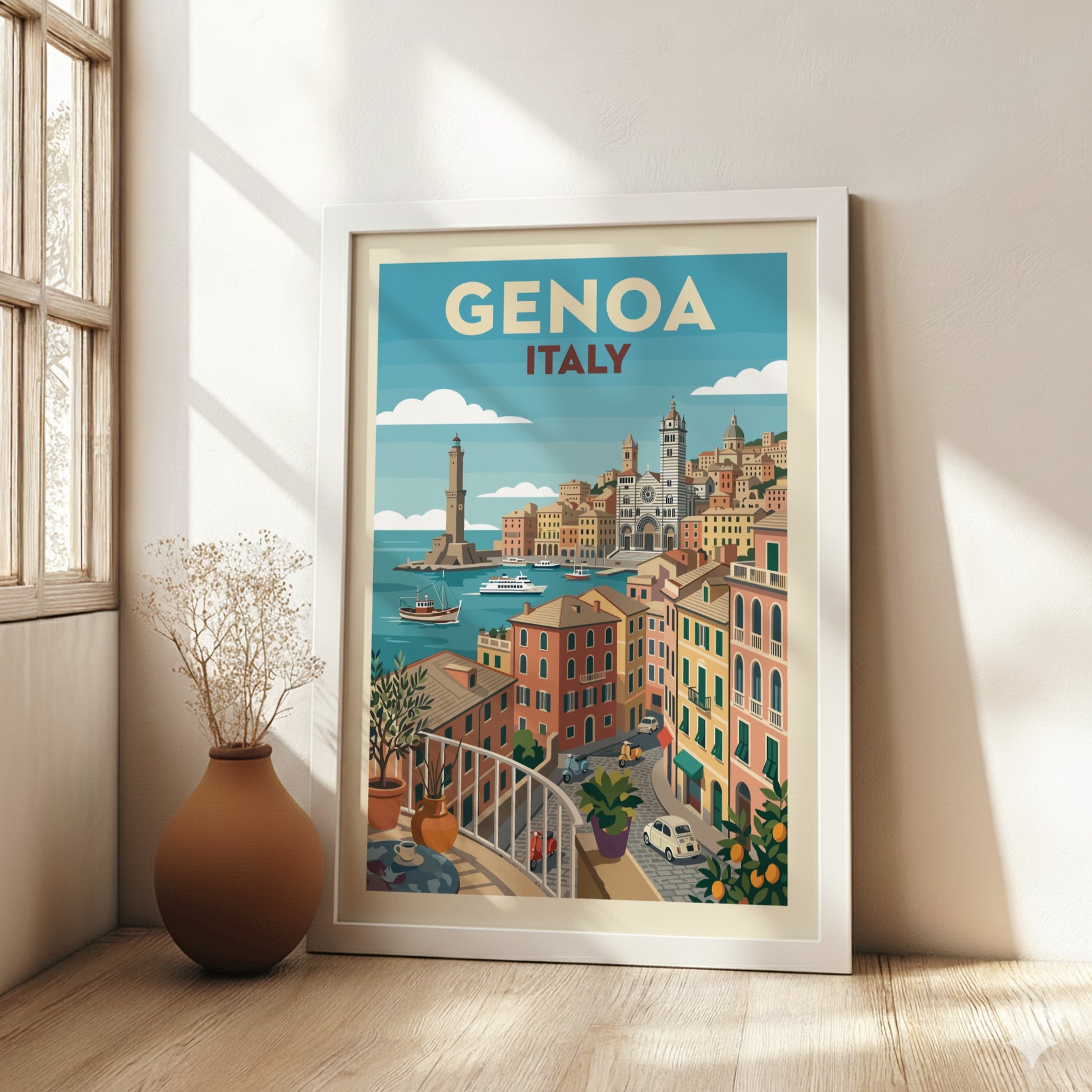 Genoa Italy travel poster featuring colorful buildings, harbor, and lighthouse in a vintage illustration