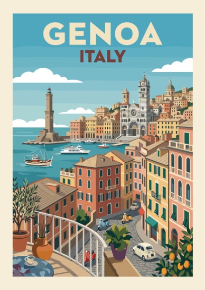 Genoa Italy travel poster featuring colorful buildings, harbor, and lighthouse in a vintage illustration