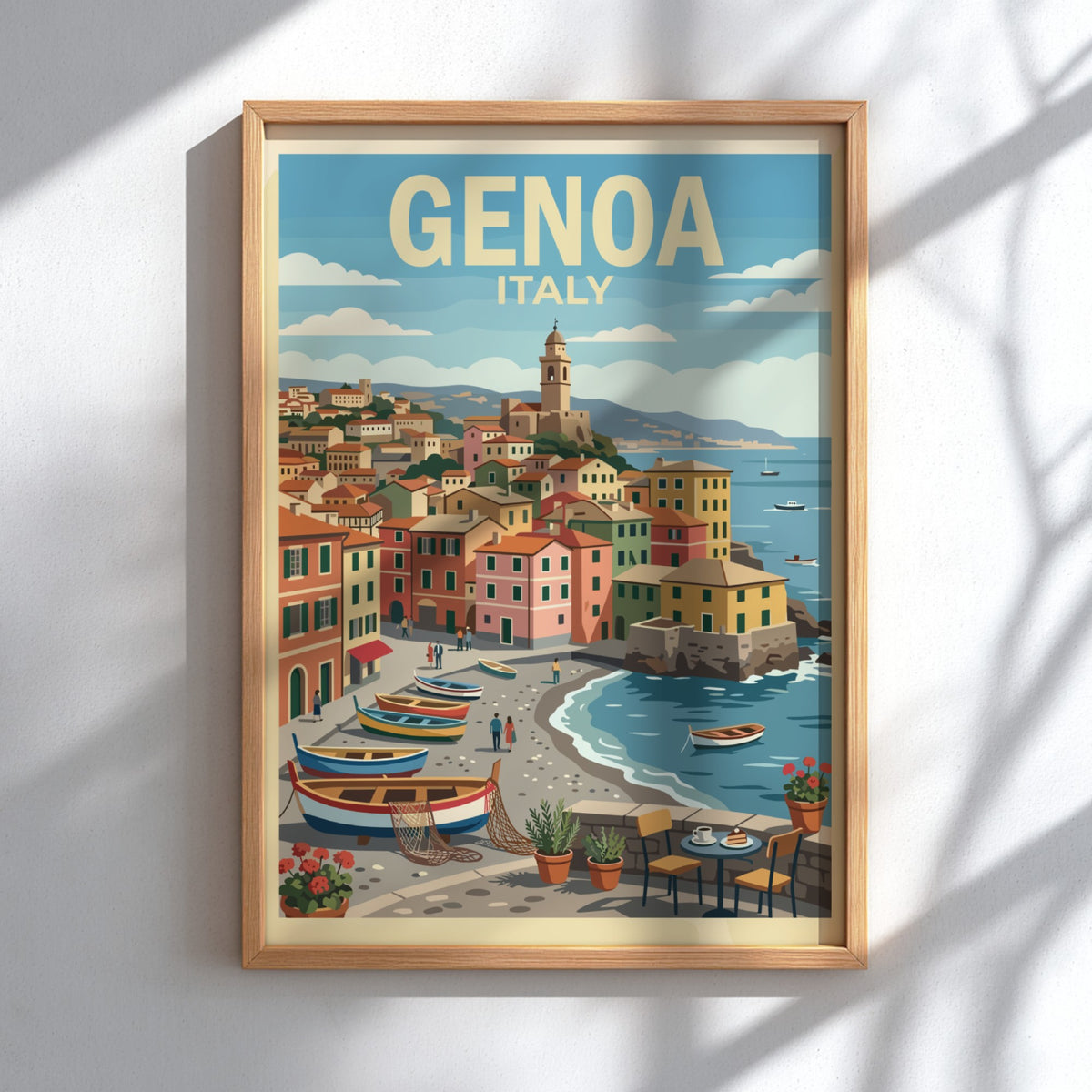 Poster of Genoa Italy showing colourful buildings, fishing boats, and a calm sea.