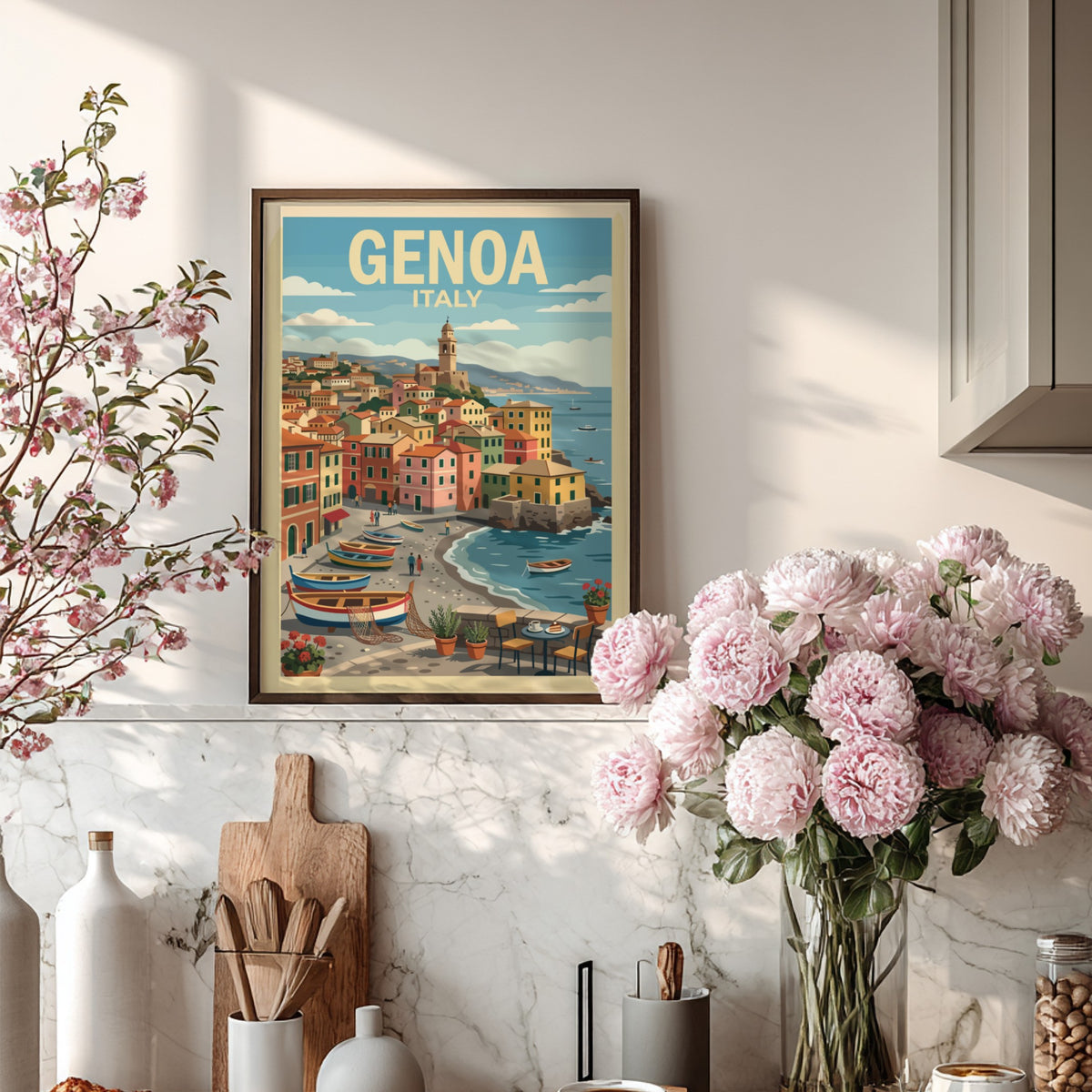 Poster of Genoa Italy showing colourful buildings, fishing boats, and a calm sea.