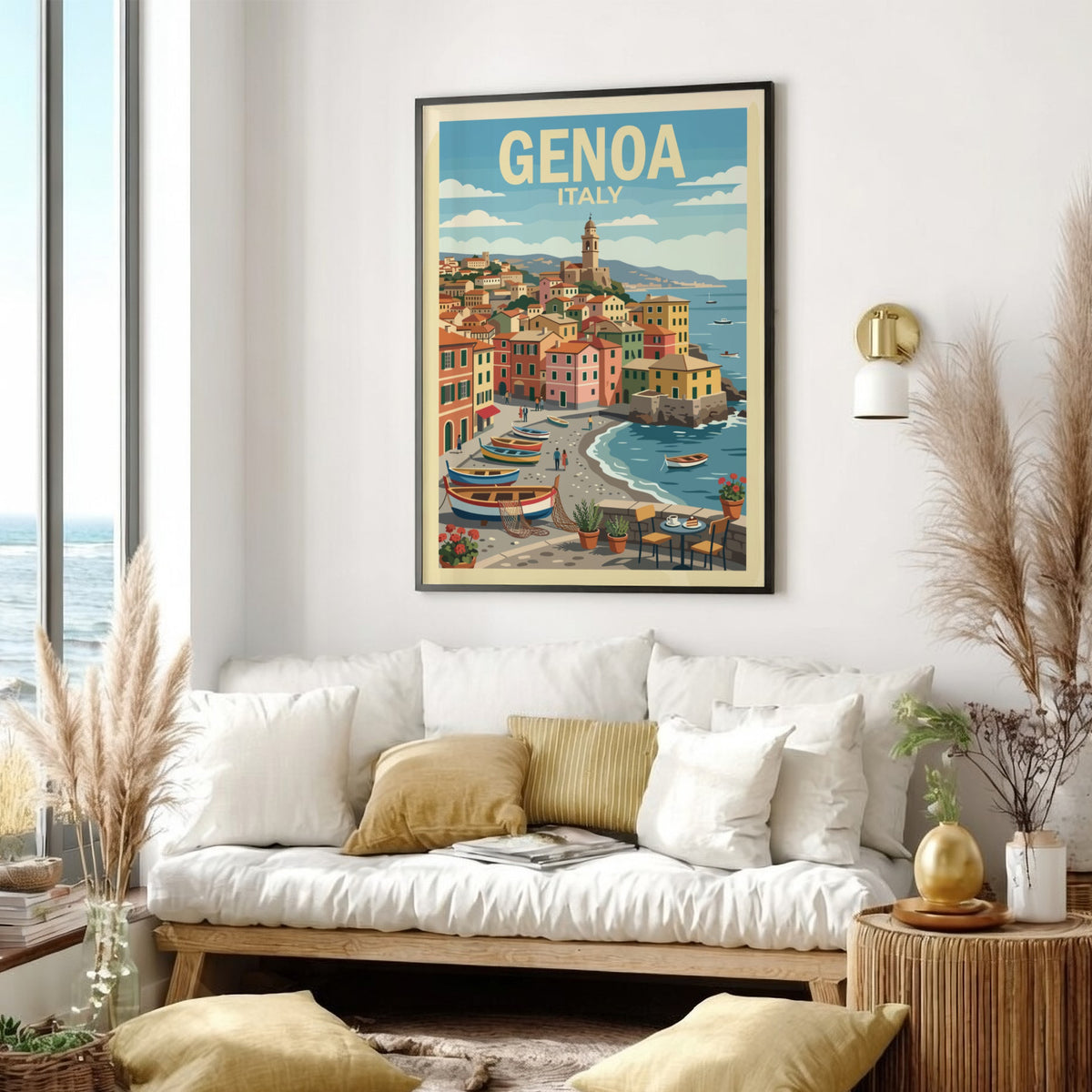 Poster of Genoa Italy showing colourful buildings, fishing boats, and a calm sea.