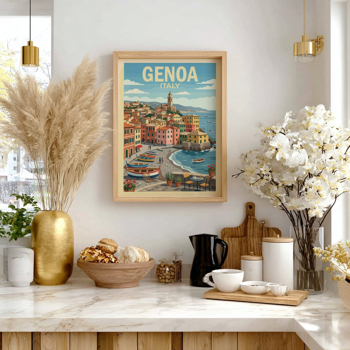 Poster of Genoa Italy showing colourful buildings, fishing boats, and a calm sea.