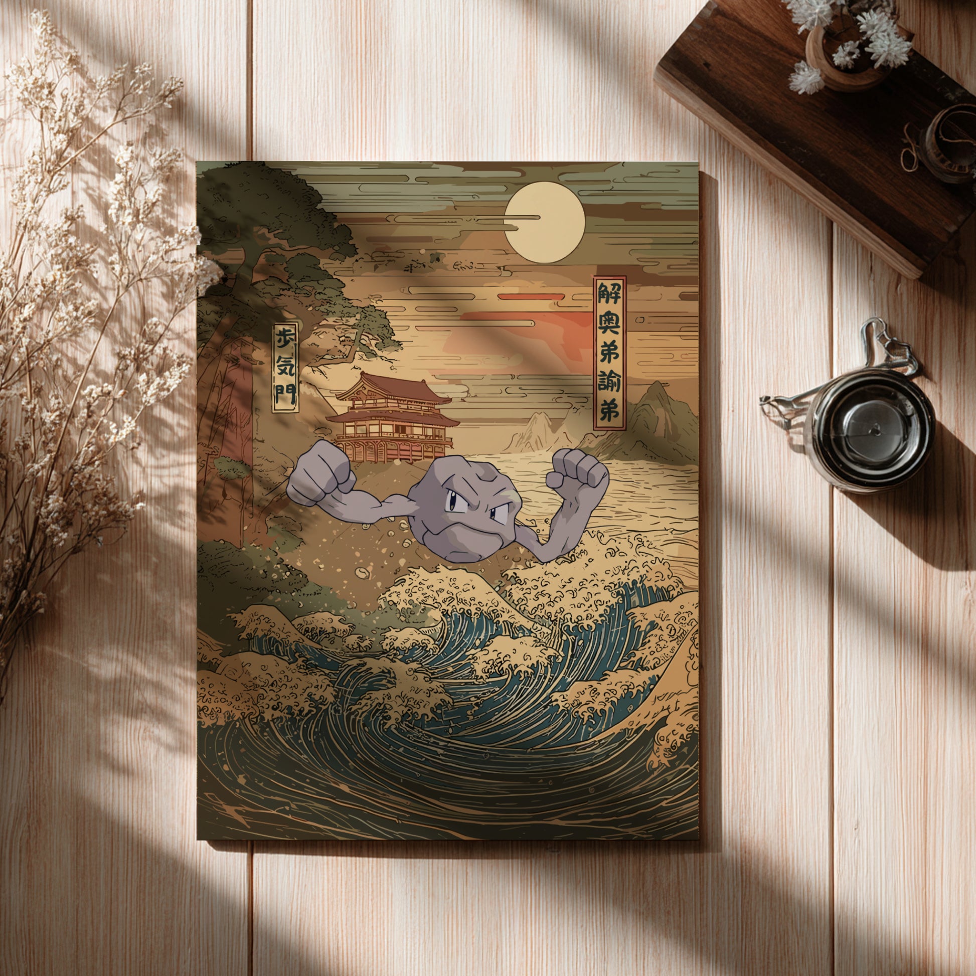 Wooden board with a Geodude Pokemon design on a wave, resembling a famous artwork, placed on a wooden surface.