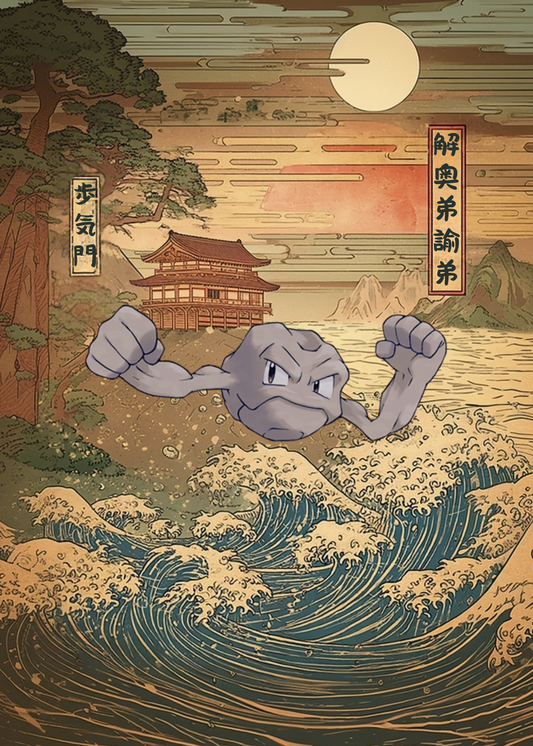 Geodude Pokemon in a traditional Japanese landscape with a temple and mountain.