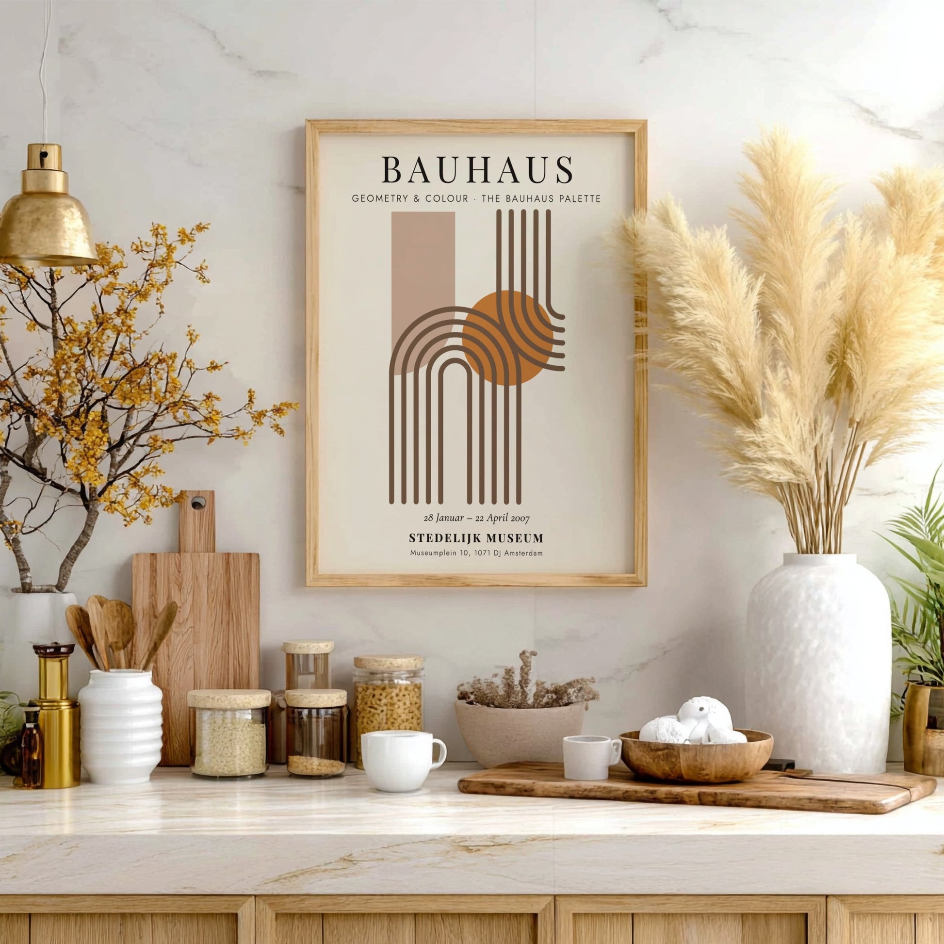 Bauhaus poster featuring geometric shapes and warm colors, modern wall art for home decor